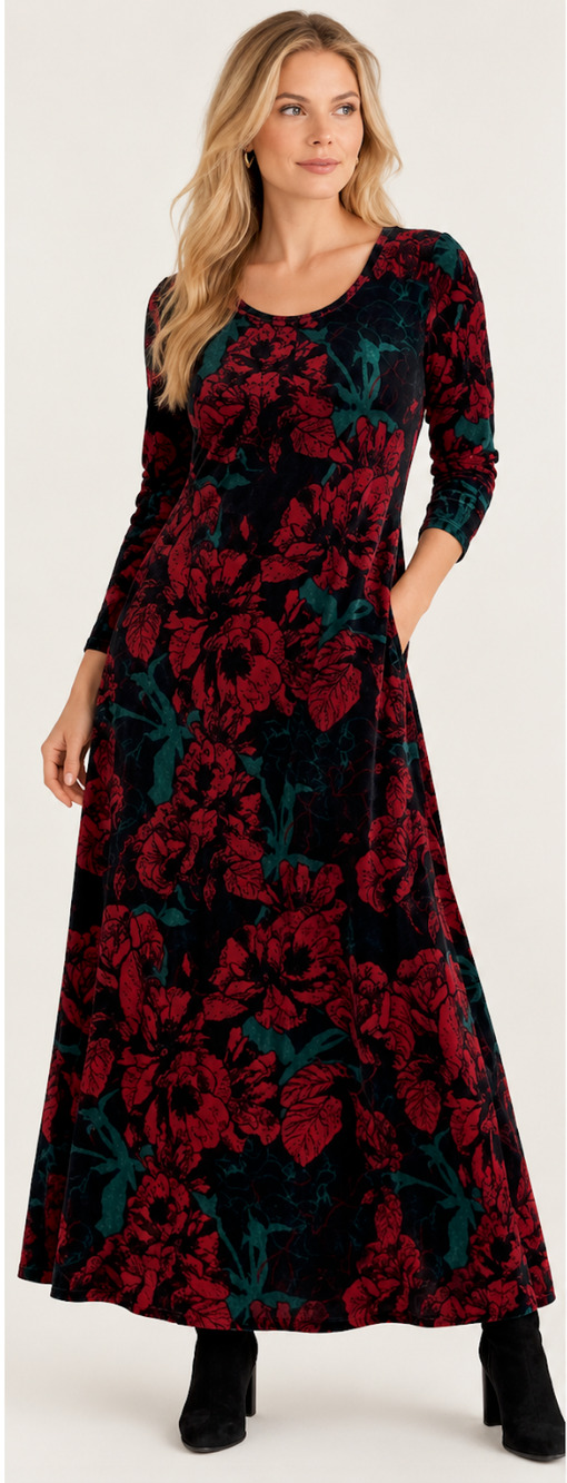 Soft Surroundings Santiago Stretch Velvet Maxi Dress Black Red Floral NWT XS